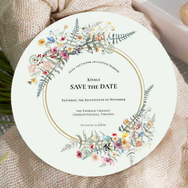 Boho Wildblume Fern Mint Green Wedding Round Save The Date (Von Creator hochgeladen)
