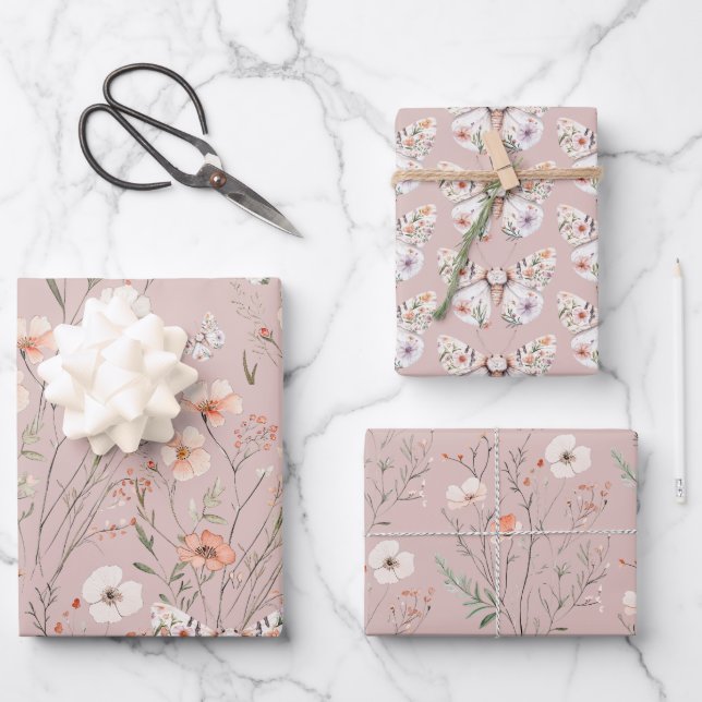 Boho Wildblume Floral Butterfly Geschenkpapier Set (Vorderseite)