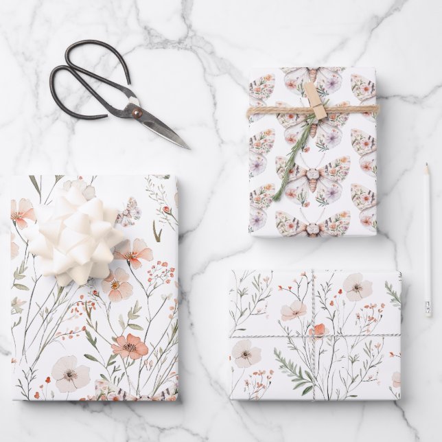 Boho Wildblume Floral Butterfly Geschenkpapier Set (Vorderseite)