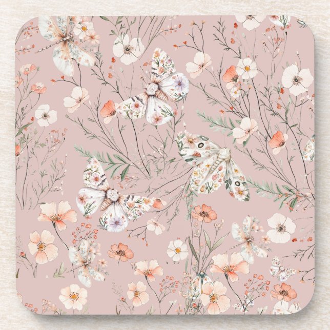 Boho Wildblume Floral Butterfly Getränkeuntersetzer (Vorderseite)