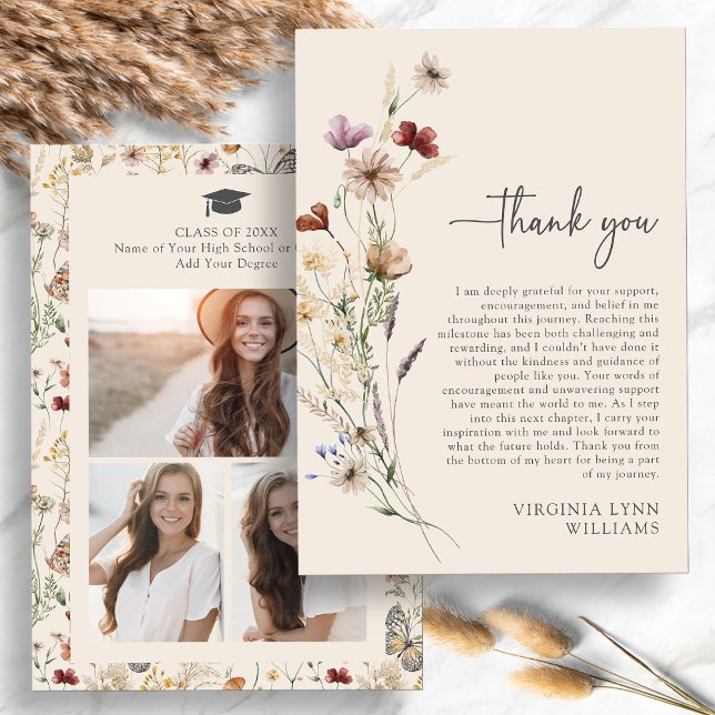 Boho Wildblume Foto Abschluss Dankeskarte (Boho Wildflower Photo Graduation Thank You Card by Painted Paperie
)