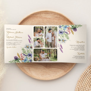 Boho Wildblume Foto All in One Cream Wedding Dreifach Gefaltete Einladung