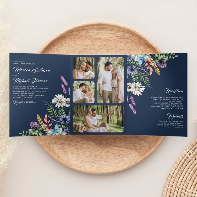 Boho Wildblume Foto All in One Navy Blue Wedding Dreifach Gefaltete Einladung (Von Creator hochgeladen)