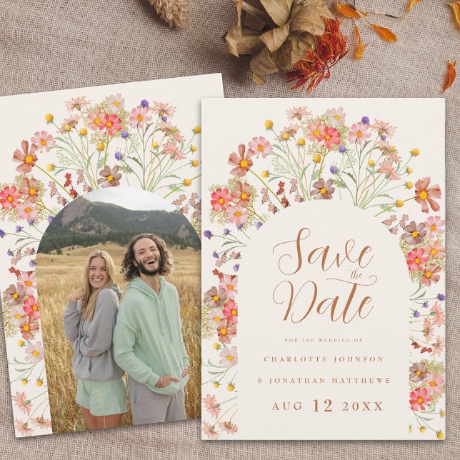 Boho Wildblume Foto Arch Wedding Save The Date (Boho wildflower photo arch wedding save the date invitation Watercolor florals elegant script )