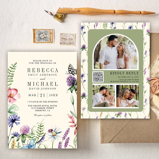 Boho Wildblume Foto QR Code Cream Wedding Einladung (Von Creator hochgeladen)