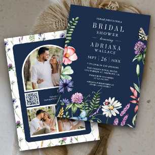 Boho Wildblume Foto QR Code Navy Brautparty Einladung