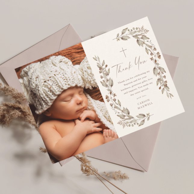 Boho Wildblume Gender Neutral Foto Taufe Dankeskarte (Boho wildflower elegant ivory gender neutral photo baptism thank you card.)