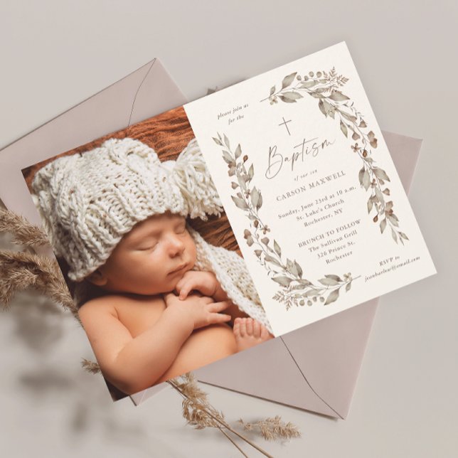 Boho Wildblume Gender Neutral Foto Taufe Einladung (Boho wildflower elegant ivory gender neutral photo baptism invitation.)