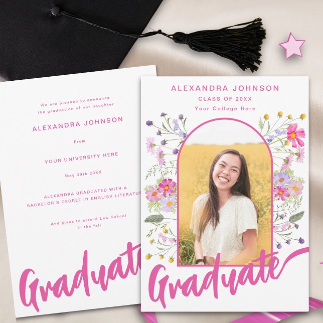 Boho Wildblume Graduate Foto Arch Pink Script Ankündigung (Boho floral arch graduate photo hot pink script Graduation announcement card)