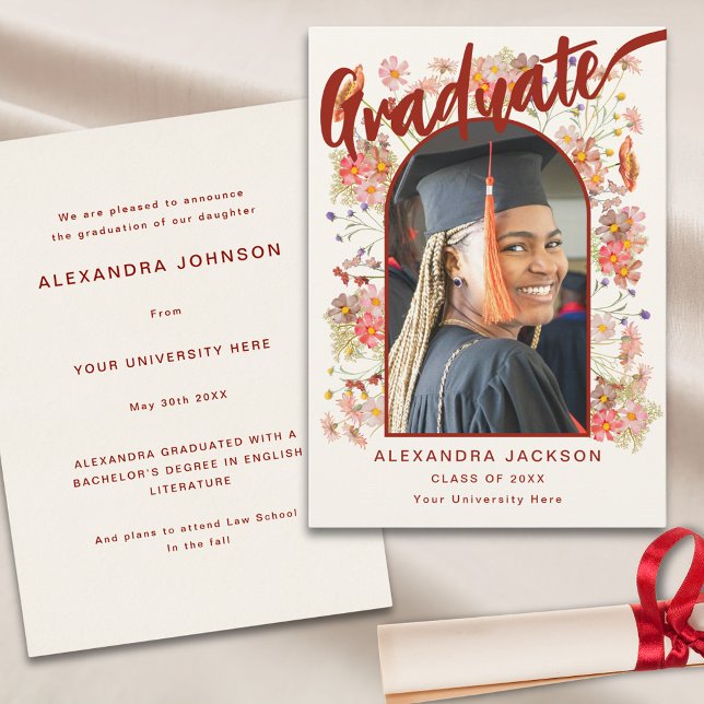 Boho Wildblume Graduate Foto Script Einladung (Boho wildflower grad photo elegant script graduation announcement card )