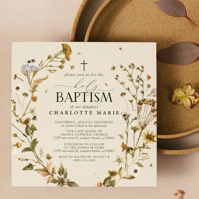 Boho Wildblume Heilige Taufe Elegantes Cross Flora Einladung (Holy Baptism Invitations!)