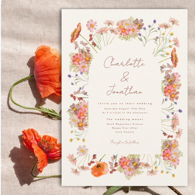 Boho Wildblume Hochzeit im Herbst Einladung (Boho whimsical wildflower wedding invitation with watercolor florals in earth tones)