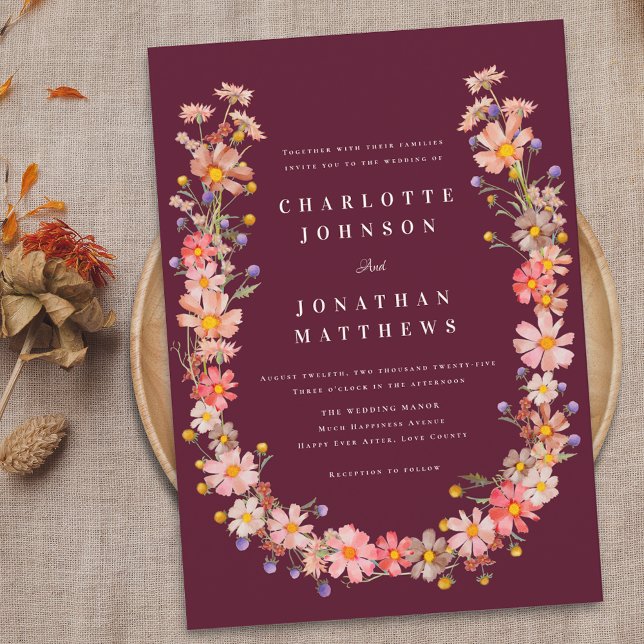 Boho Wildblume Hochzeit im Herbst Einladung (Burgundy boho fall floral wreath wedding invitation Watercolor wildflowers elegant modern)
