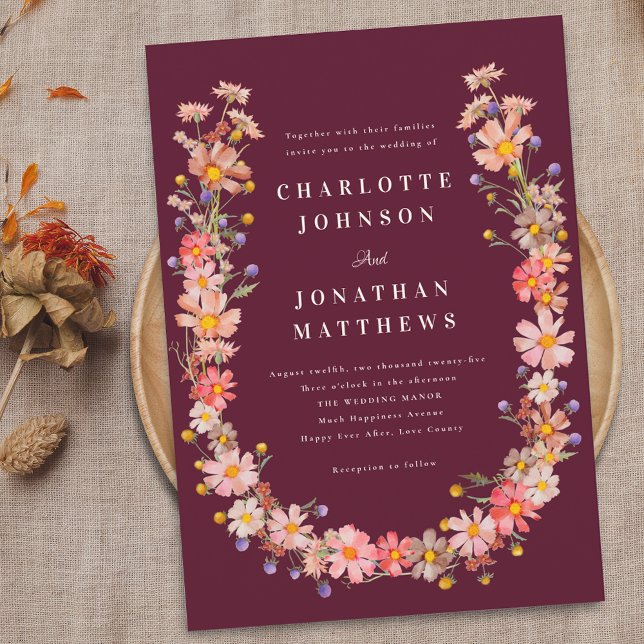 Boho Wildblume Hochzeit im Herbst Einladung (Boho fall wildflower rustic floral wreath burgundy wedding qr code invitation Elegant watercolor )