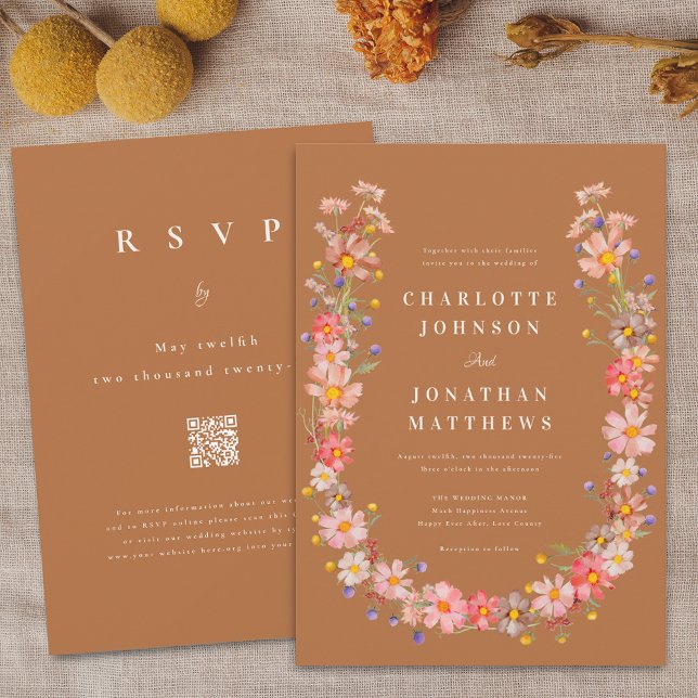 Boho Wildblume Hochzeit im Herbst Einladung (Terracotta Brown fall boho rustic wildflower wreath wedding invitation watercolor autumn florals )
