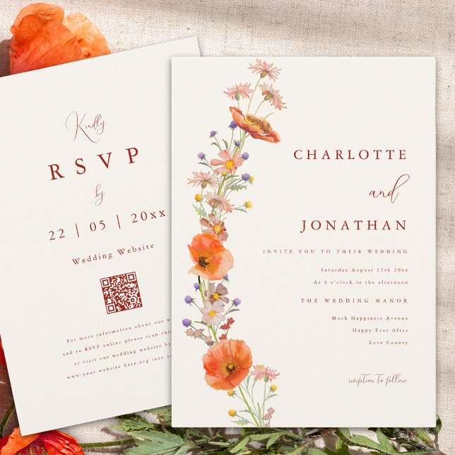 Boho Wildblume Hochzeit im Herbst Einladung (Boho wildflower fall orange wedding invitation with qr code )