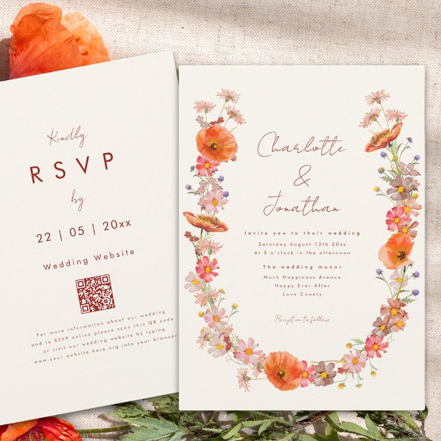 Boho Wildblume Hochzeit im Herbst Einladung (Boho wildflower wreath fall wedding invitation orange peach brunt orange whimsical script)