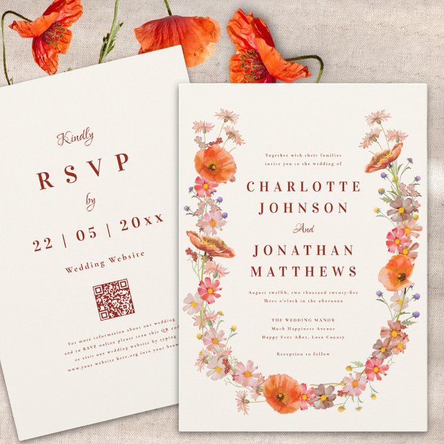 Boho Wildblume Hochzeit im Herbst Einladung (Boho dried flowers fall wedding invitation with qr code)