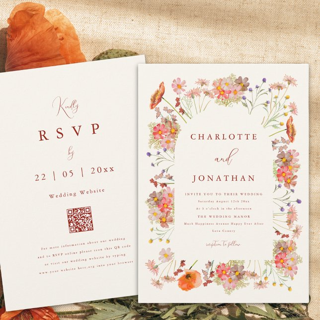 Boho Wildblume Hochzeit im Herbst Einladung (Boho wildflower fall wedding invitation with dried flowers and burnt orange script qr code)