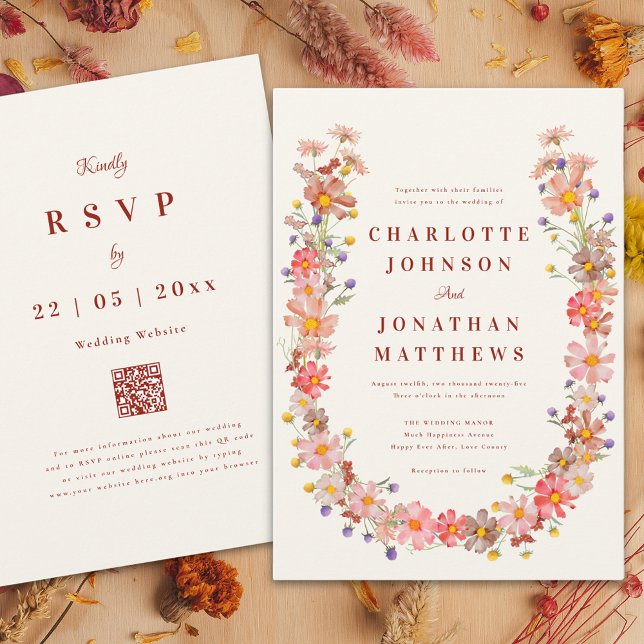 Boho Wildblume Hochzeit im Herbst Einladung (Wildflower wreath fall wedding invitation )