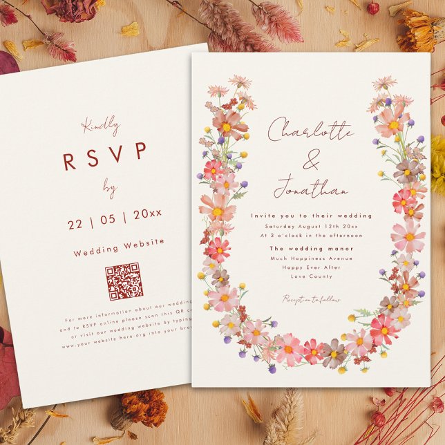 Boho Wildblume Hochzeit im Herbst Einladung (Boho wildflower wreath fall wedding invitation with burnt orange whimsical script)