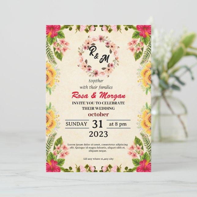 Boho Wildblume Hochzeitseinladungen Eleganter Char Einladung (Stehend Vorderseite)