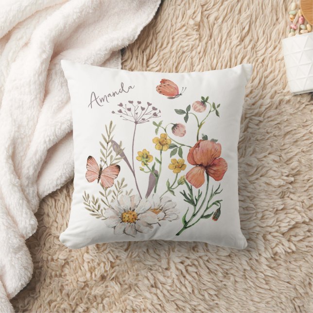 Boho Wildblume Individuelle Name Throw Kissen (Decke)