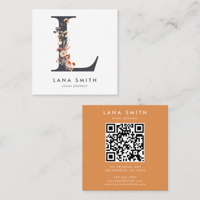 Boho Wildblume Initial L QR Code Quadratische Visitenkarte (Vorne/Hinten)