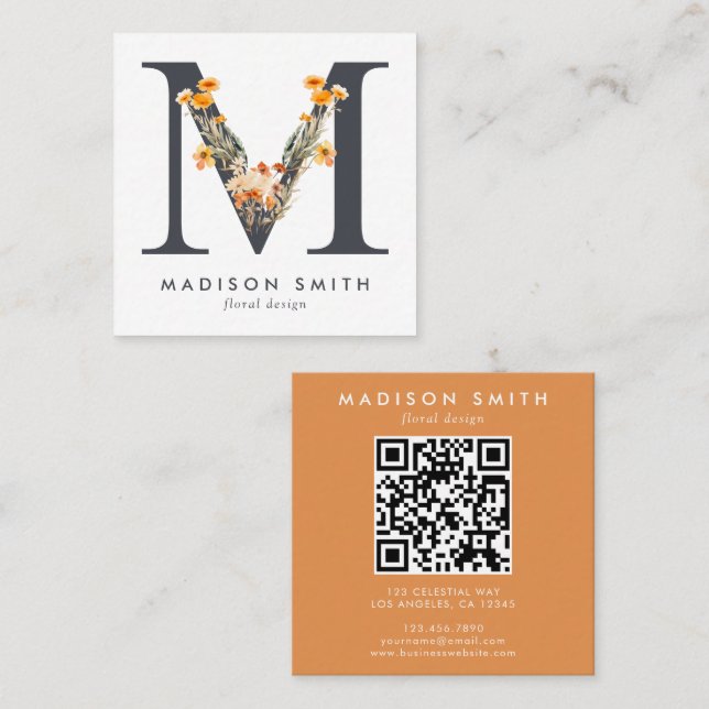 Boho Wildblume Initial M QR Code Quadratische Visitenkarte (Vorne/Hinten)