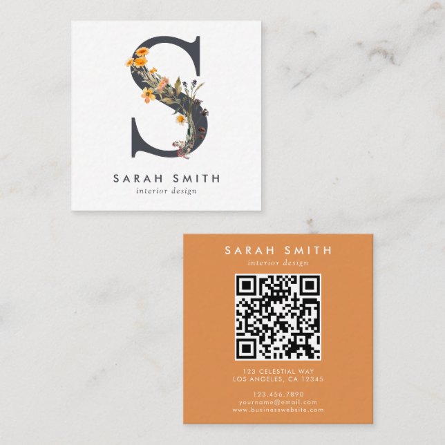 Boho Wildblume Initial S QR Code Quadratische Visitenkarte (Vorne/Hinten)