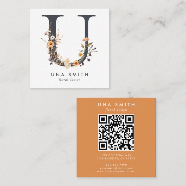 Boho Wildblume Initial U QR Code Quadratische Visitenkarte (Vorne/Hinten)