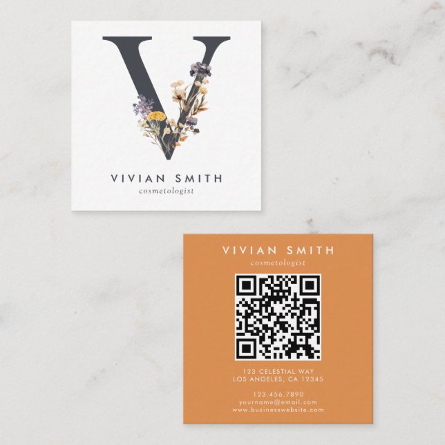 Boho Wildblume Initial V QR Code Quadratische Visitenkarte (Vorne/Hinten)