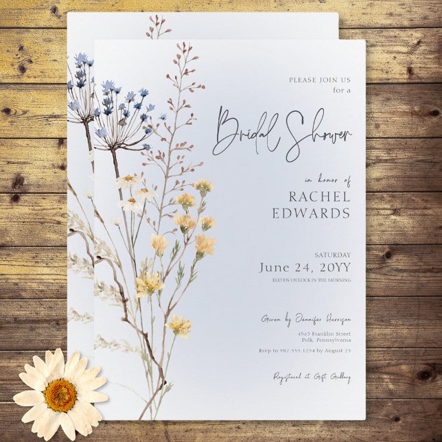 Boho Wildblume Modern Blue Brautparty Einladung (Boho Wildflower Modern Blue Bridal Shower Invitation)
