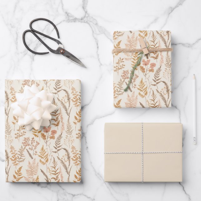 Boho Wildblume Muster Elegantes Wrapping Paper Set Geschenkpapier Set (Vorderseite)