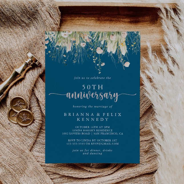 Boho Wildblume Navy 50. Hochzeitstag Einladung (Von Creator hochgeladen)
