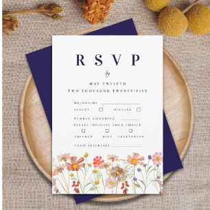 Boho Wildblume Navy Blau Hochzeitsessen Optionen RSVP Karte