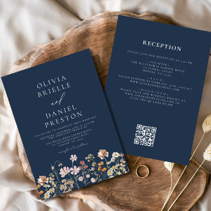 Boho Wildblume Navy Blau QR Code Hochzeit Einladung