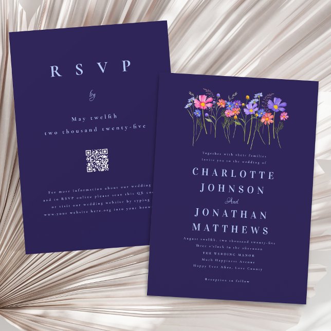Boho Wildblume Navy Blau Rosa Hochzeits-QR-Code Einladung (Elegant wildflower vibrant floral navy blue wedding qr code invitation)
