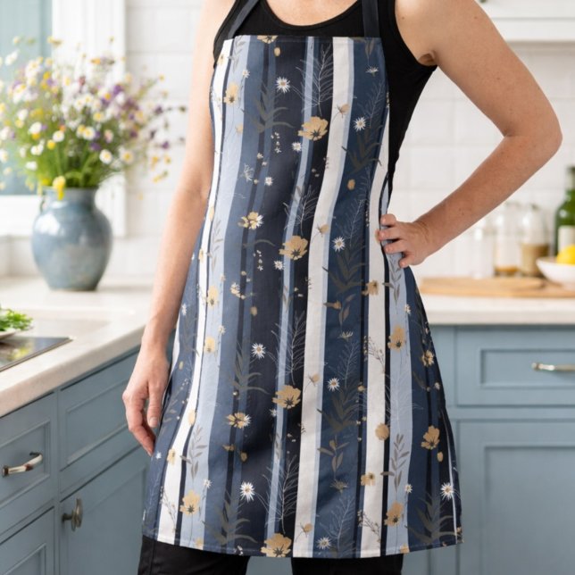 Boho Wildblume Navy gestreifte moderne Heimdekorat Schürze (Von Creator hochgeladen)