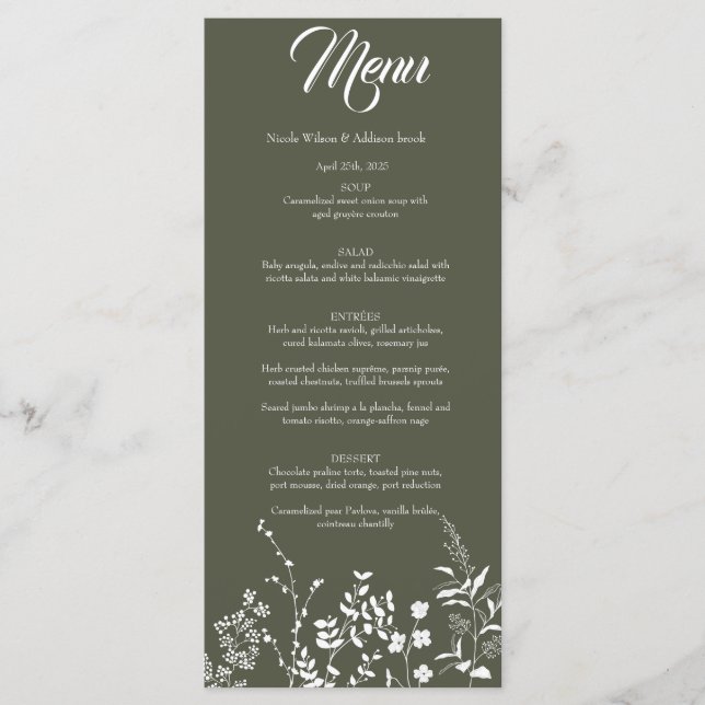 Boho Wildblume Olive Green Wedding Einladung (Vorderseite)