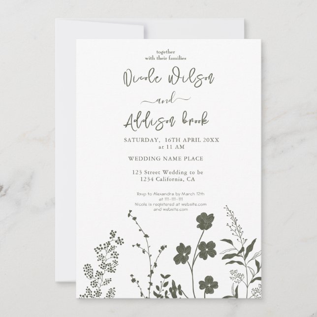 Boho Wildblume Olive Green Wedding Einladung (Vorderseite)