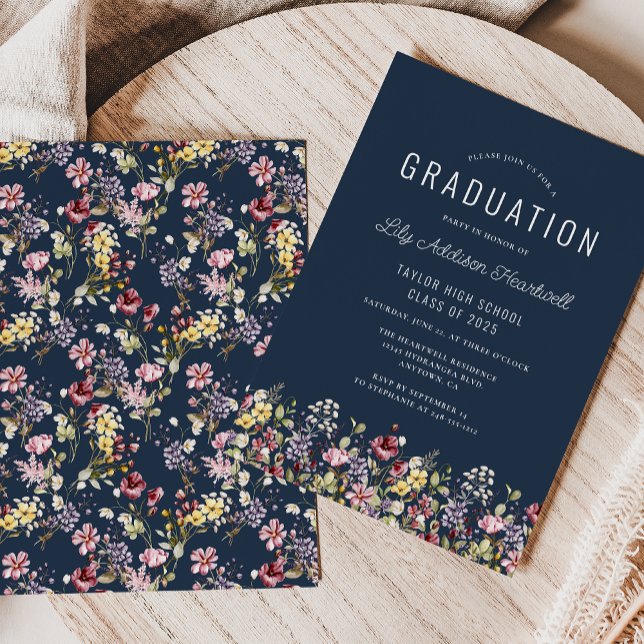 Boho Wildblume Pattern Navy Blue Graduation Party Einladung (Von Creator hochgeladen)