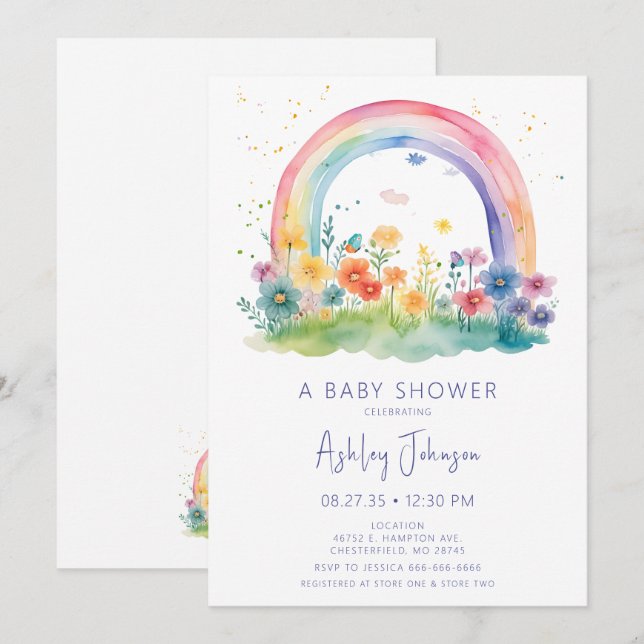 Boho Wildblume Rainbow Baby Dusche Einladung (Vorne/Hinten)