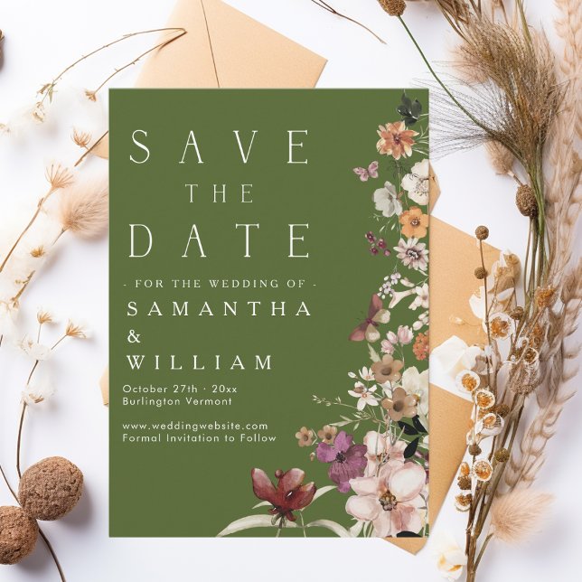 Boho Wildblume Rustic Moss Green Save the Date Einladung (Von Creator hochgeladen)