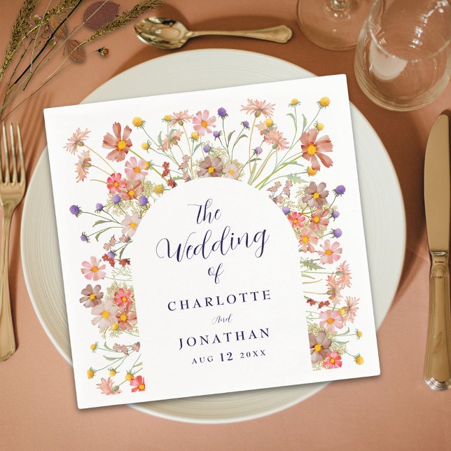 Boho Wildblume Rustikale Blumenhochzeit Serviette (Boho fall rustic wildflower floral arch navy blue script white wedding custom paper napkins)