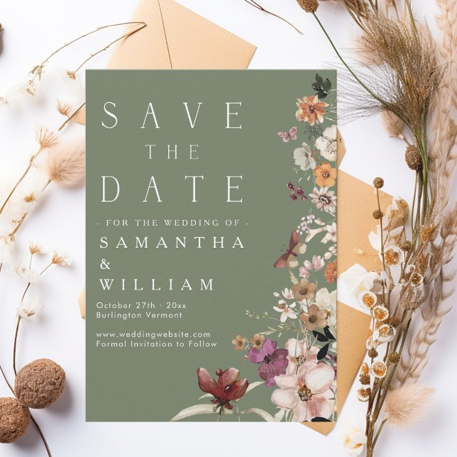 Boho Wildblume Rustikale Seite Grün Save the Date Einladung (Von Creator hochgeladen)