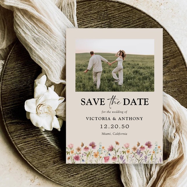 Boho Wildblume Save the Date mit Foto-Flachkarte (Von Creator hochgeladen)