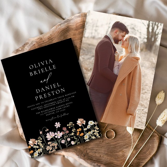 Boho Wildblume Schwarz-weiß Foto Garden Wedding Einladung (Von Creator hochgeladen)