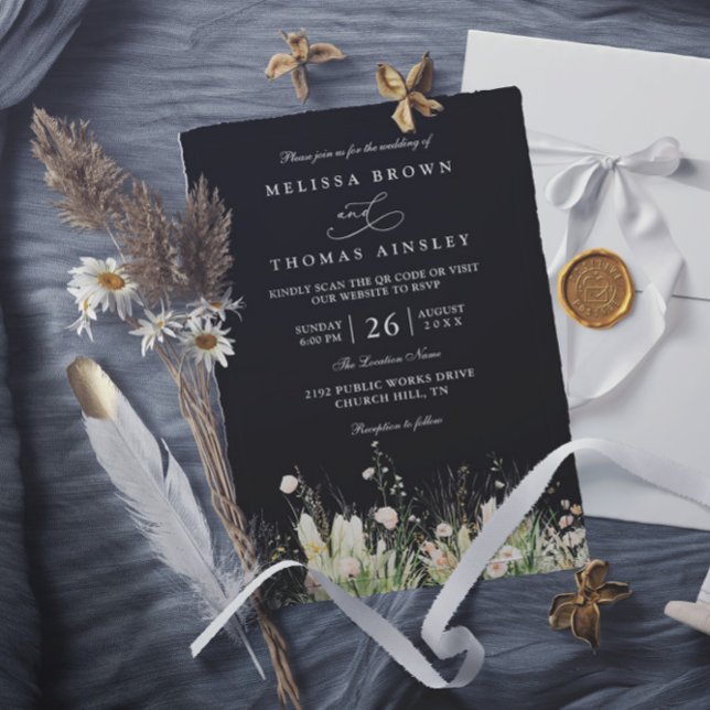Boho Wildblume Schwarze elegante QR-Code-Hochzeit Einladung (Von Creator hochgeladen)