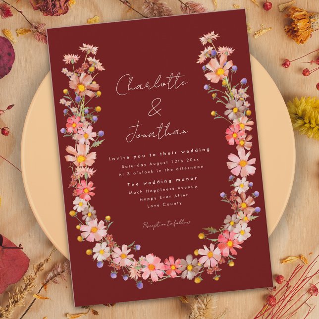 Boho Wildblume Terracotta Hochzeit im Herbst Einladung (Boho wildflower fall wedding invitation terracotta burnt orange peach beige purple pink dried flower)